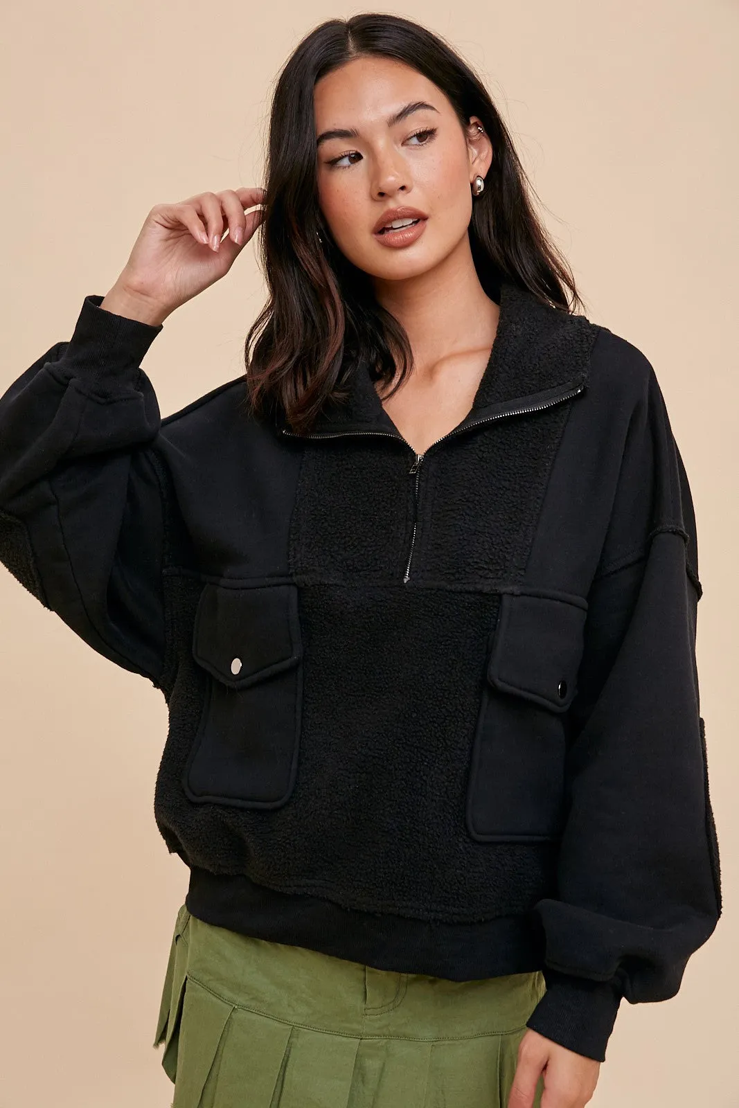 Black Contrast Reversed Fleece 1/4 Zip Pullover sold by Pinkblush product image thumbnail 2