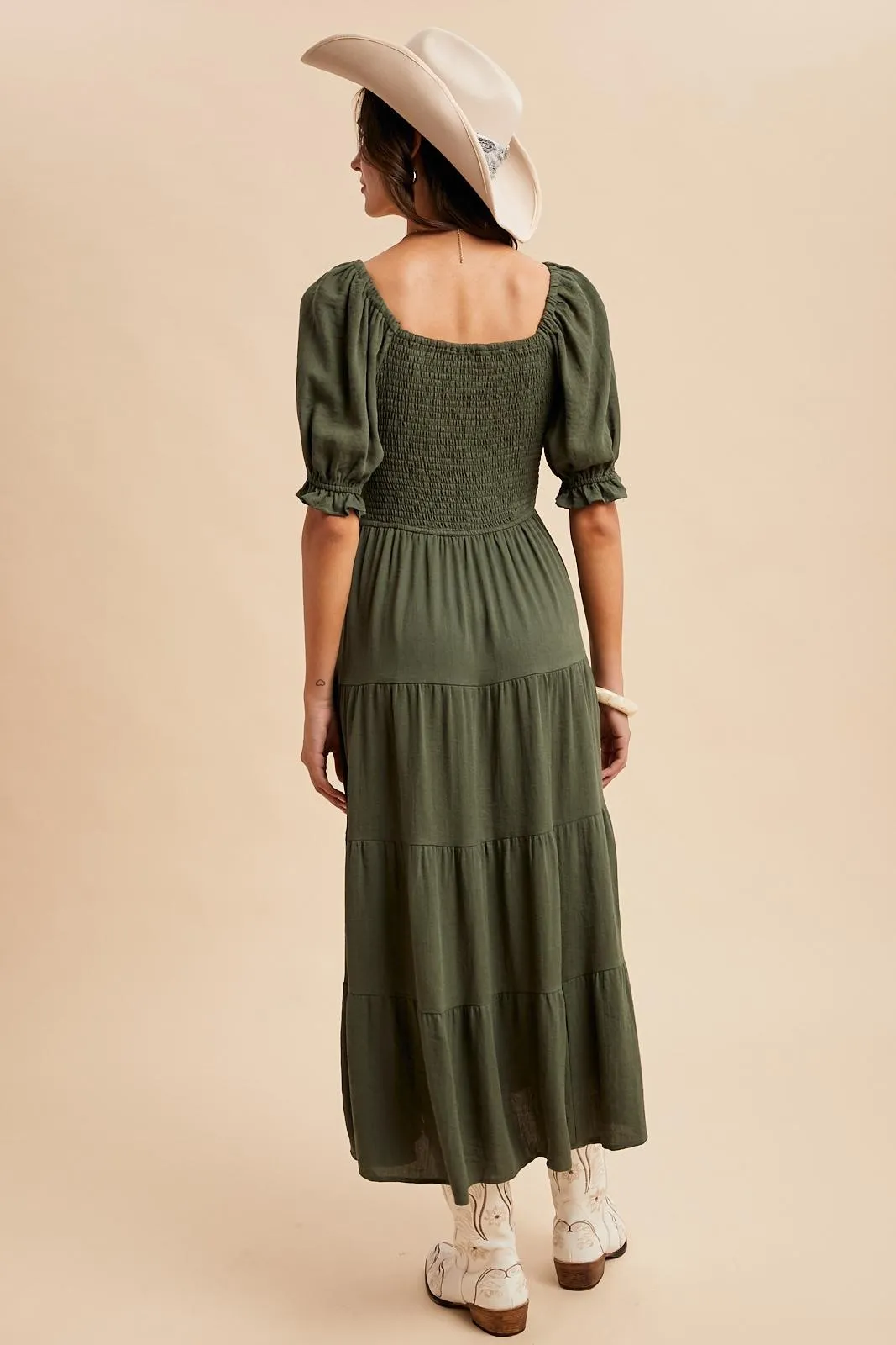 Olive Smocked Tiered Maxi Dress sold by Pinkblush product image thumbnail 4
