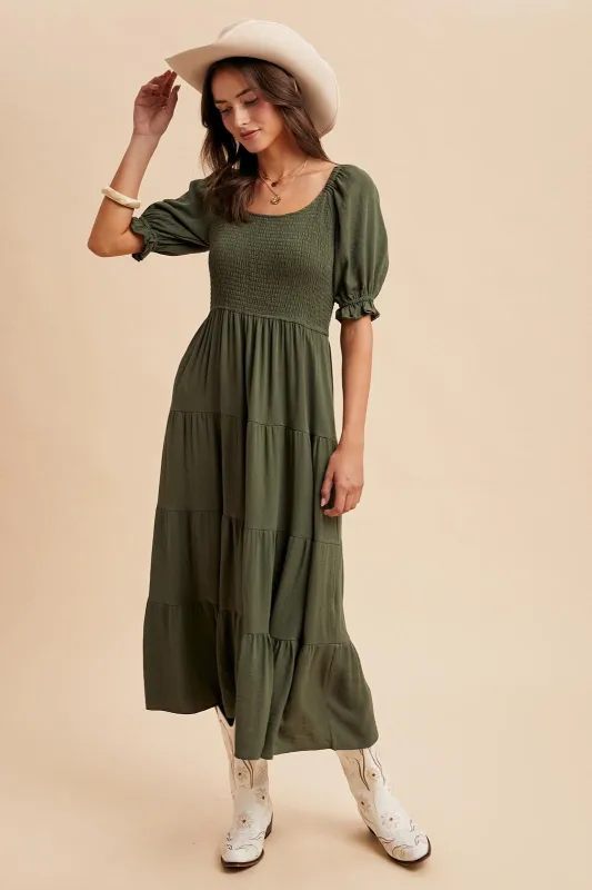 Olive Smocked Tiered Maxi Dress sold by Pinkblush