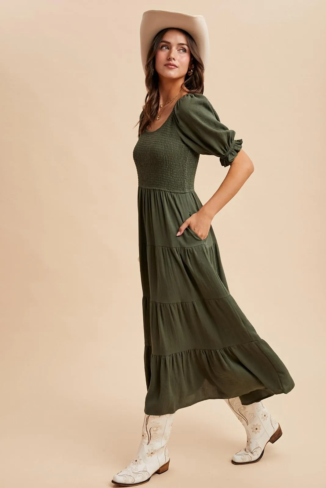 Olive Smocked Tiered Maxi Dress sold by Pinkblush product image thumbnail 3