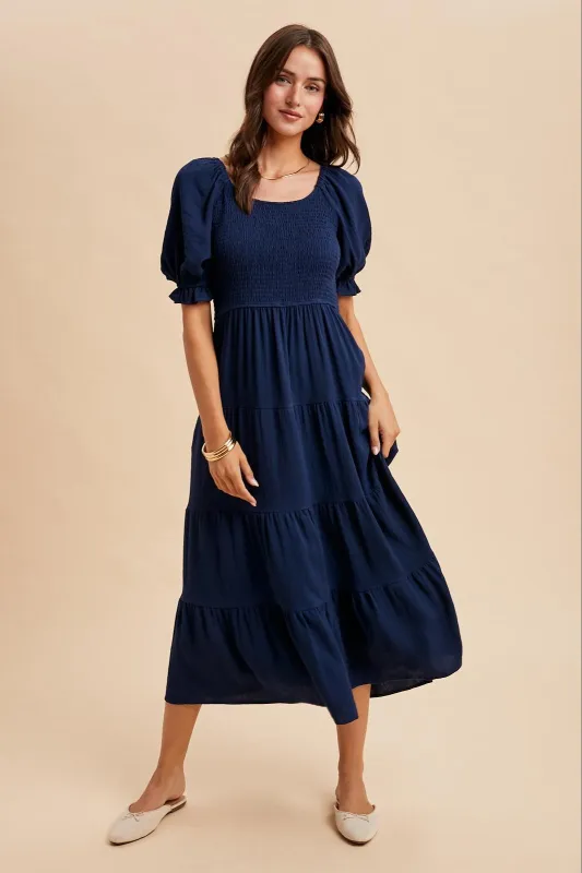 Navy Smocked Tiered Maxi Dress sold by Pinkblush