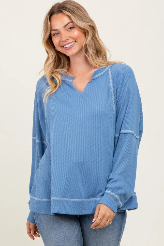 Light Blue Oversized V-Neck Waffle Knit Long Sleeve Top sold by Pinkblush product image thumbnail 2