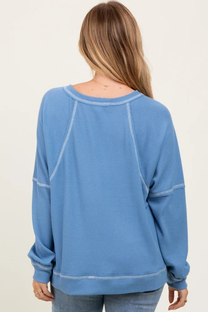 Light Blue Oversized V-Neck Waffle Knit Long Sleeve Top sold by Pinkblush product image thumbnail 4