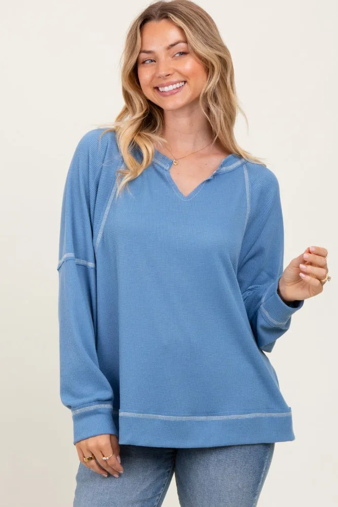 Light Blue Oversized V-Neck Waffle Knit Long Sleeve Top sold by Pinkblush