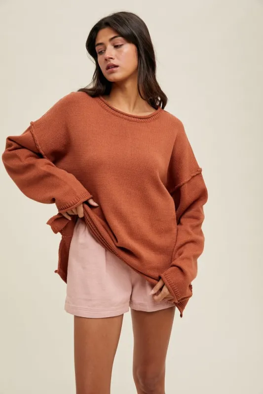 Brick Oversized Exposed Seam Sweater sold by Pinkblush