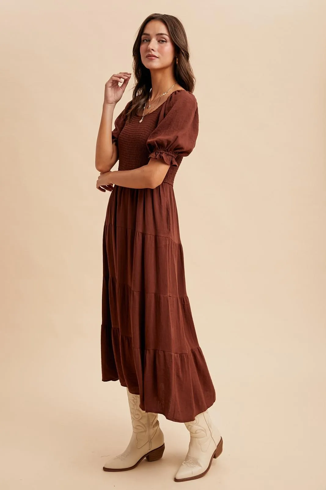 Brown Smocked Tiered Maxi Dress sold by Pinkblush product image thumbnail 3