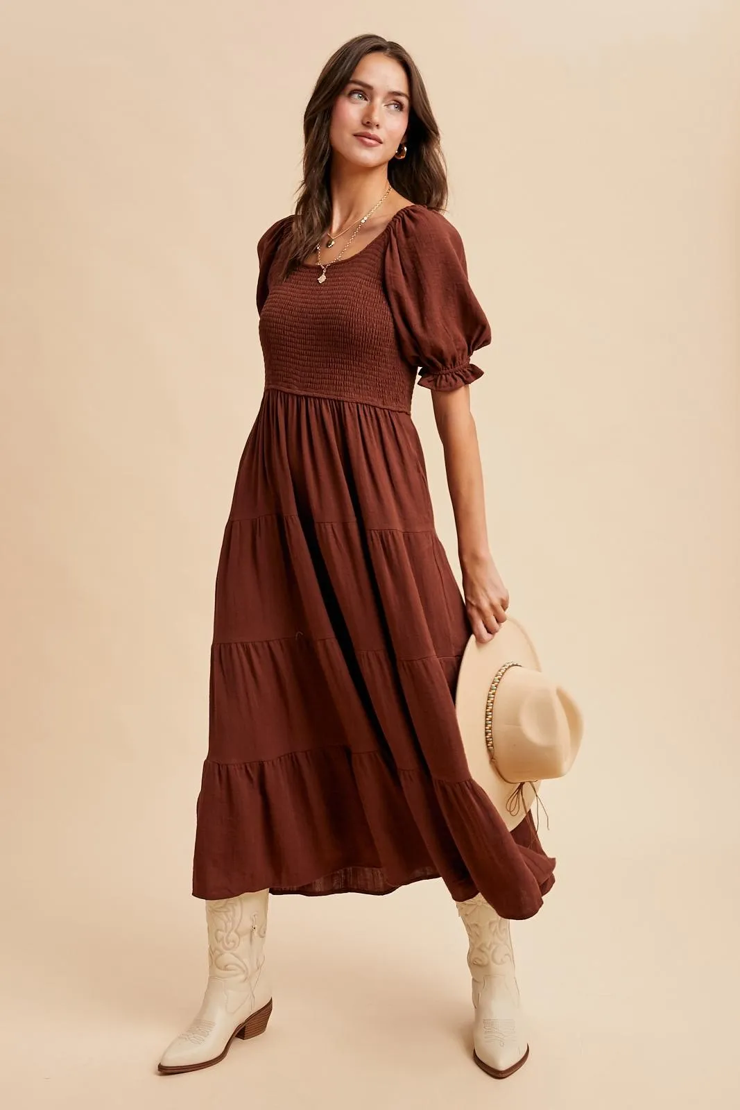 Brown Smocked Tiered Maxi Dress sold by Pinkblush product image thumbnail 2