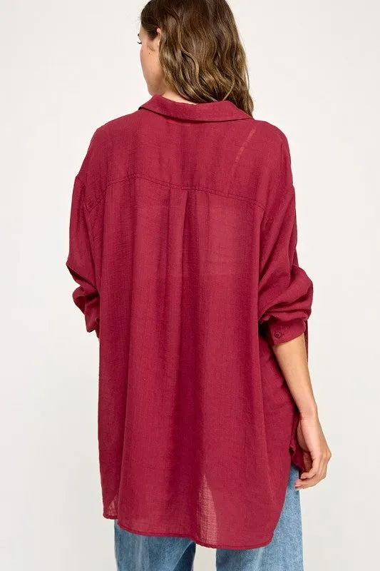 Burgundy Oversized Button Down Shirt sold by Pinkblush product image thumbnail 4