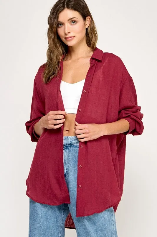 Burgundy Oversized Button Down Shirt sold by Pinkblush