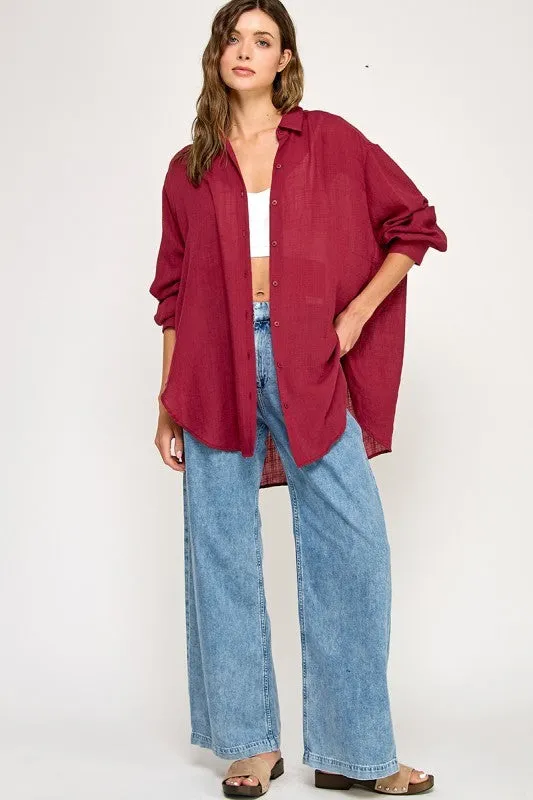 Burgundy Oversized Button Down Shirt sold by Pinkblush product image thumbnail 5