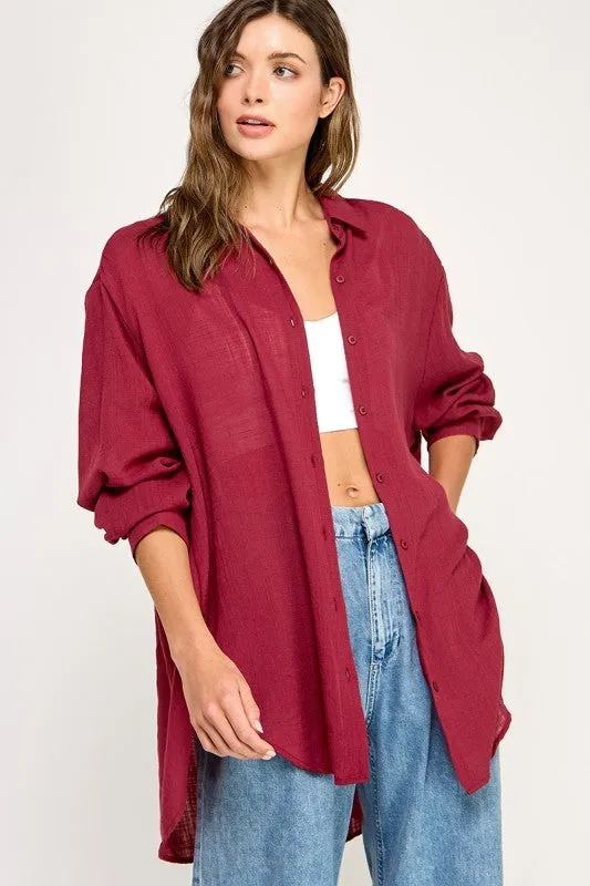Burgundy Oversized Button Down Shirt sold by Pinkblush product image thumbnail 2