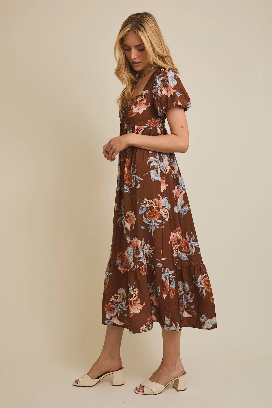 Brown Floral Sweetheart Puff Sleeve Midi Dress sold by Pinkblush product image thumbnail 2