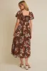 Brown Floral Sweetheart Puff Sleeve Midi Dress sold by Pinkblush