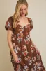Brown Floral Sweetheart Puff Sleeve Midi Dress sold by Pinkblush