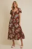 Brown Floral Sweetheart Puff Sleeve Midi Dress sold by Pinkblush