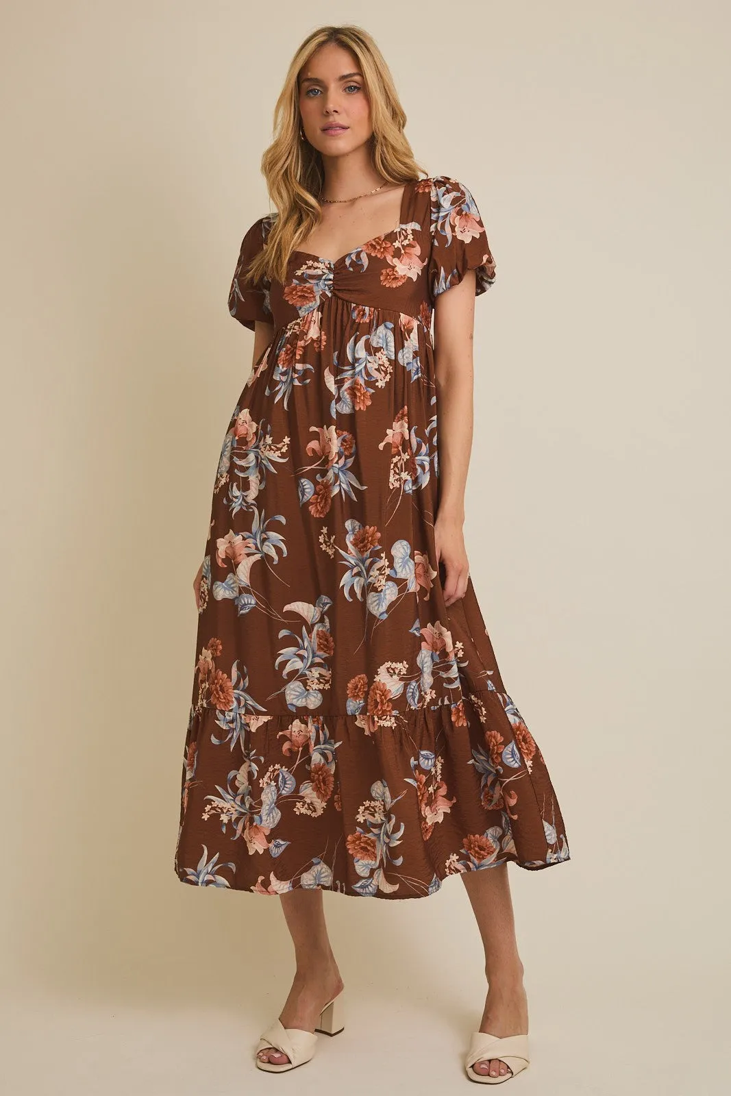 Brown Floral Sweetheart Puff Sleeve Midi Dress sold by Pinkblush