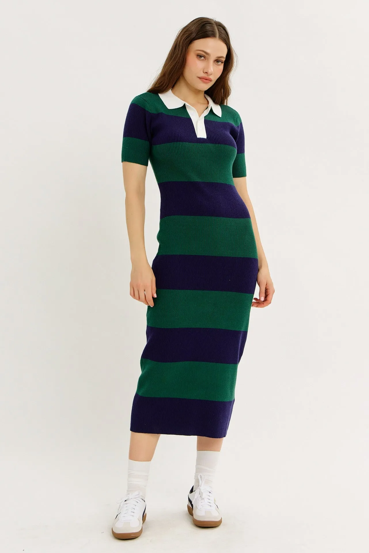Green Ribbed Striped Knit Polo Midi Dress sold by Pinkblush product image thumbnail 2