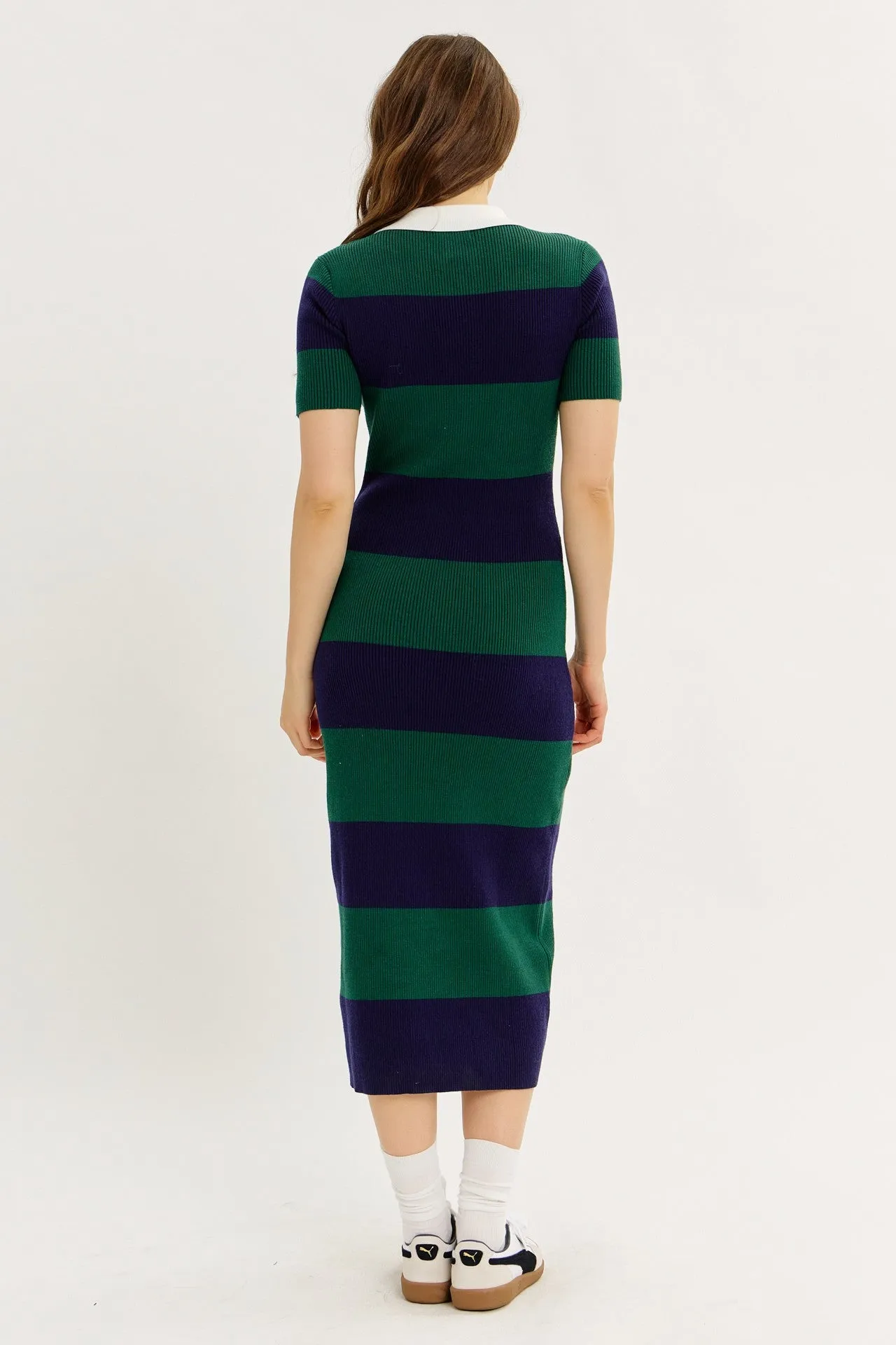 Green Ribbed Striped Knit Polo Midi Dress sold by Pinkblush product image thumbnail 4