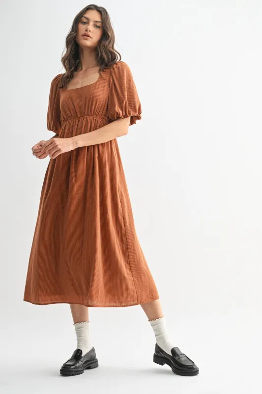 Rust Ribbed Puff Sleeve Tie Back Midi Dress sold by Pinkblush