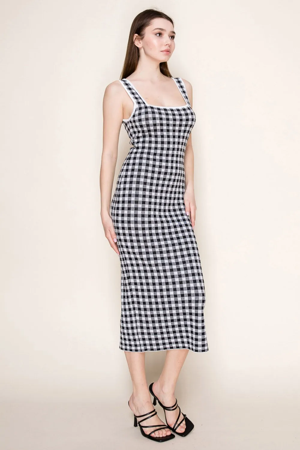 White Gingham Knit Square Neck Sleeveless Midi Dress sold by Pinkblush product image thumbnail 2