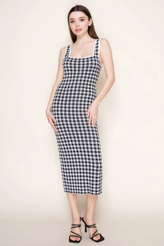 White Gingham Knit Square Neck Sleeveless Midi Dress sold by Pinkblush