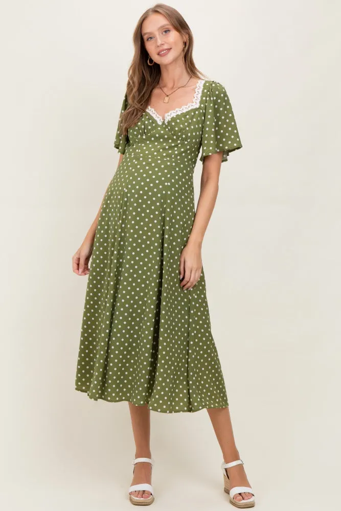 Olive Polka Dot Lace Trim Maternity Maxi Dress sold by Pinkblush