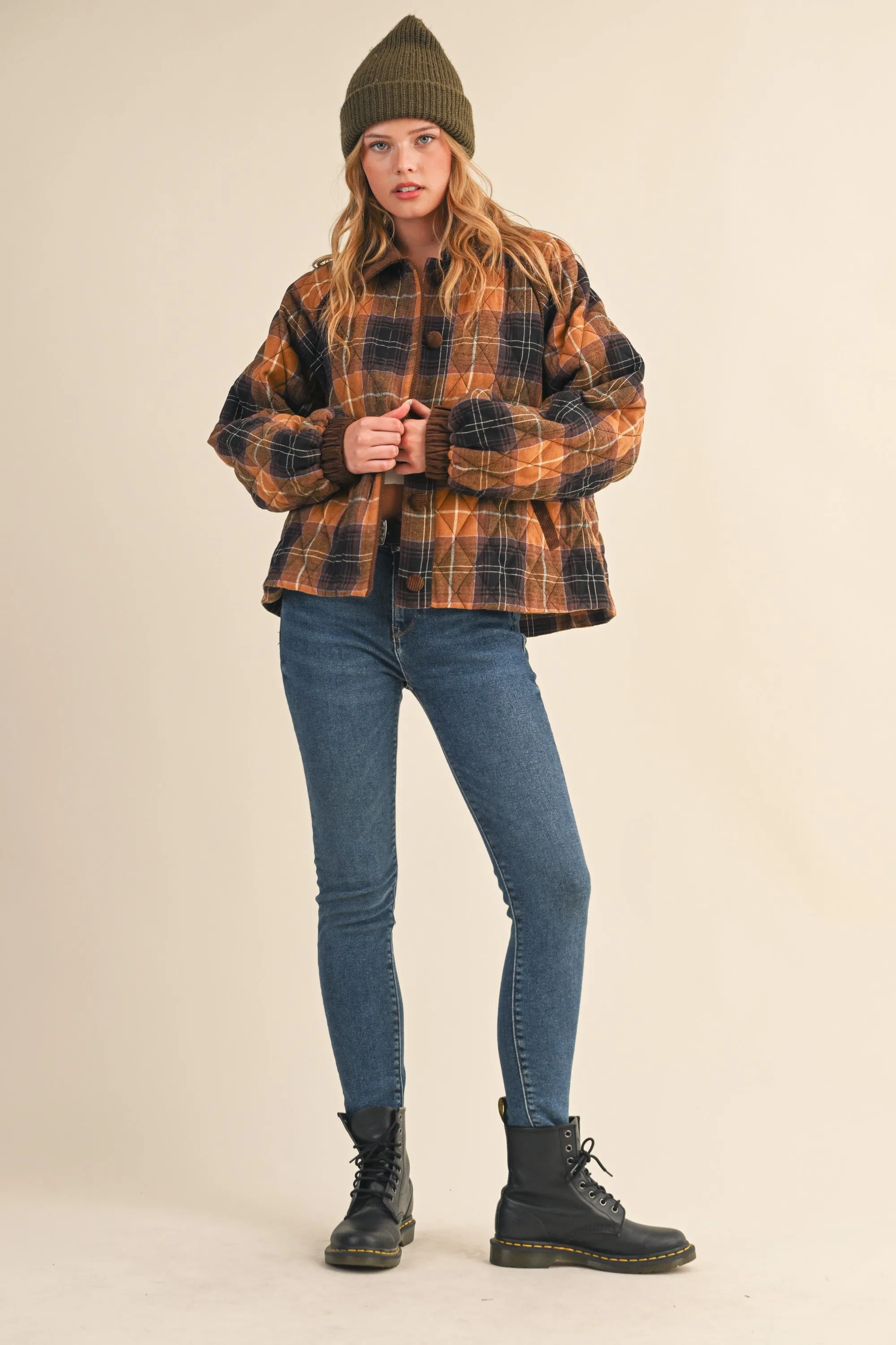 Brown Plaid Quilted Corduroy Contrast Jacket sold by Pinkblush product image thumbnail 4