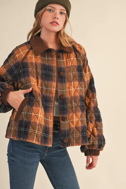 Brown Plaid Quilted Corduroy Contrast Jacket sold by Pinkblush