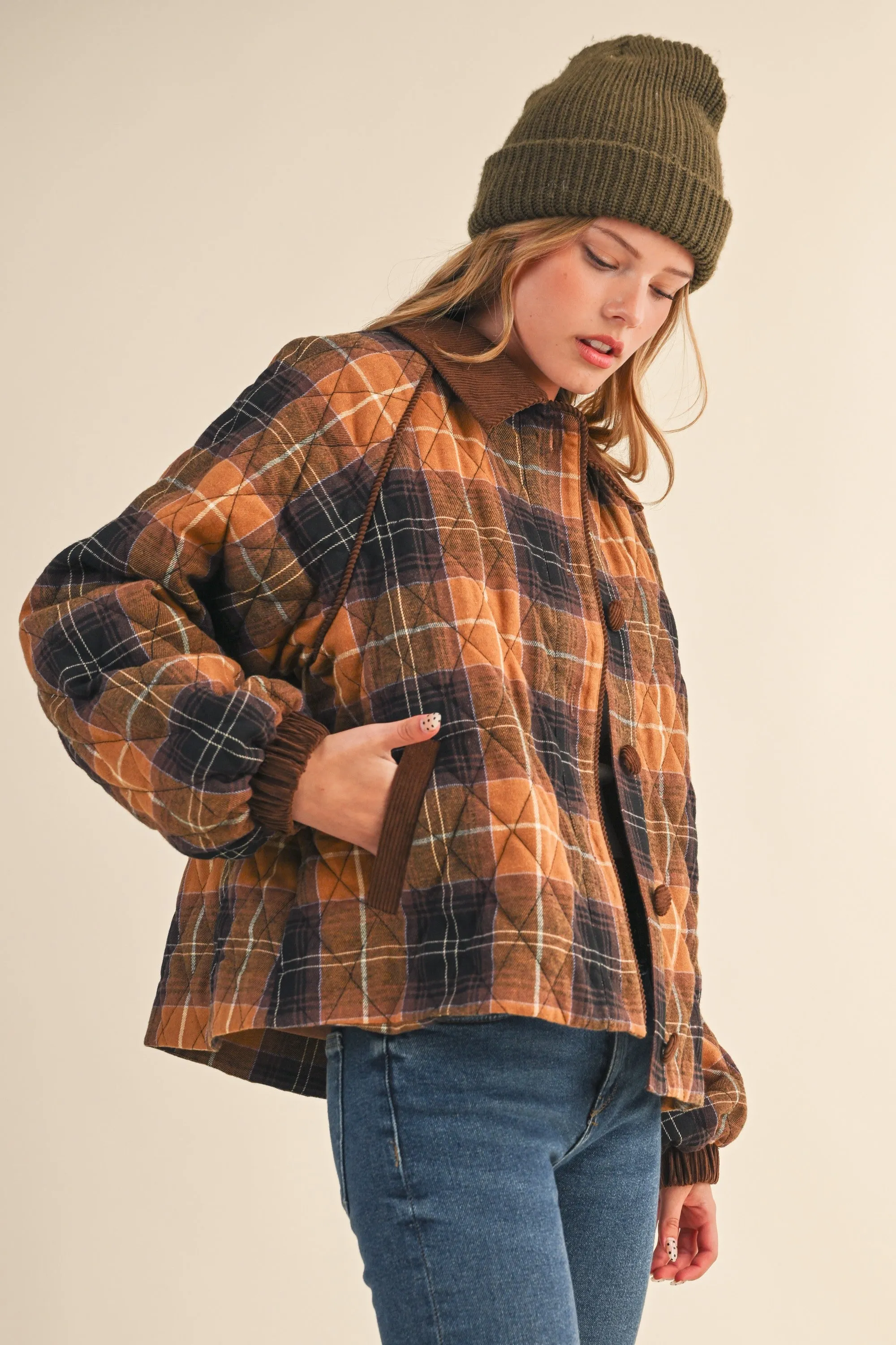 Brown Plaid Quilted Corduroy Contrast Jacket sold by Pinkblush product image thumbnail 2