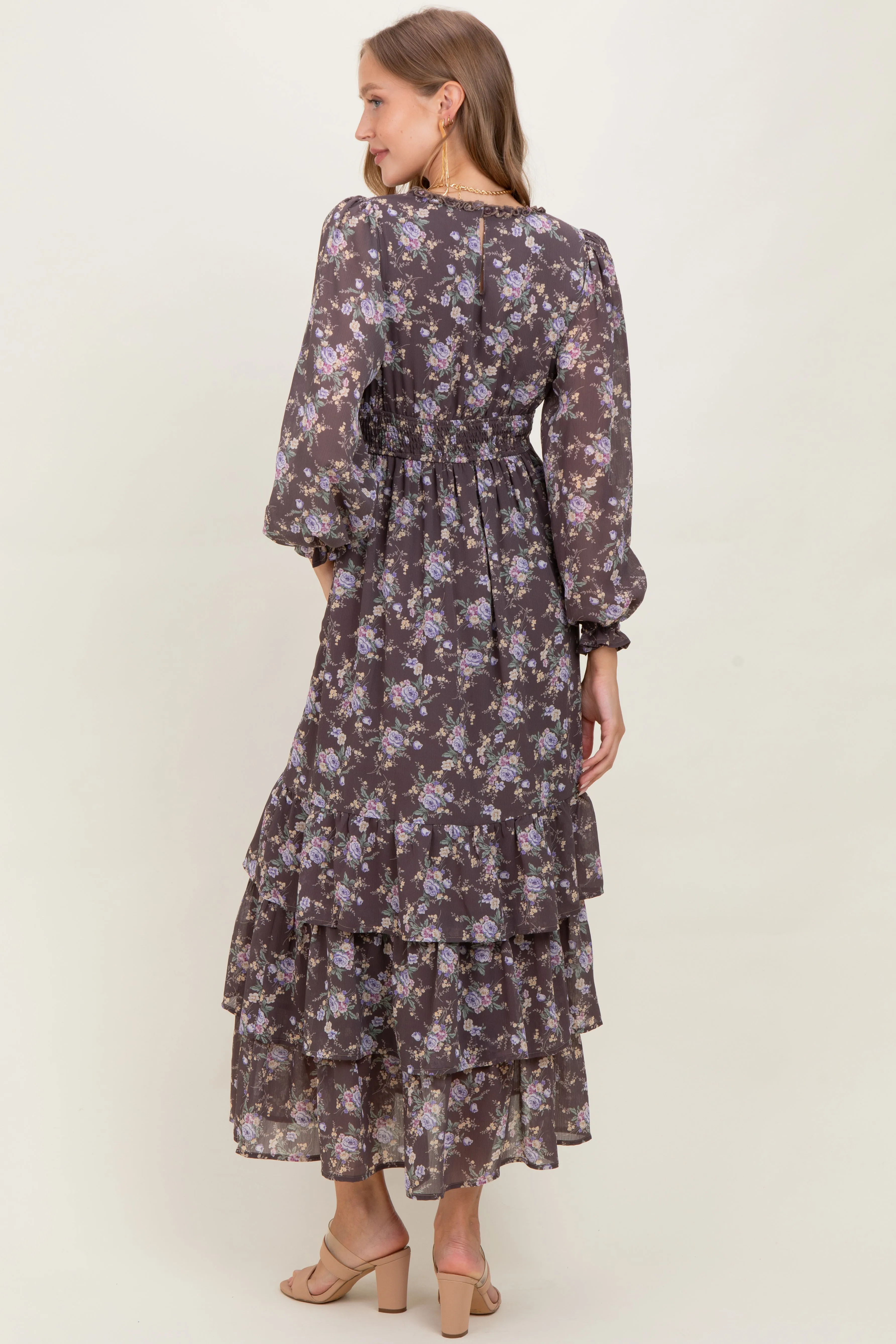 Brown Vintage Floral Ruffle Tiered Hem Maternity Maxi Dress sold by Pinkblush product image thumbnail 4