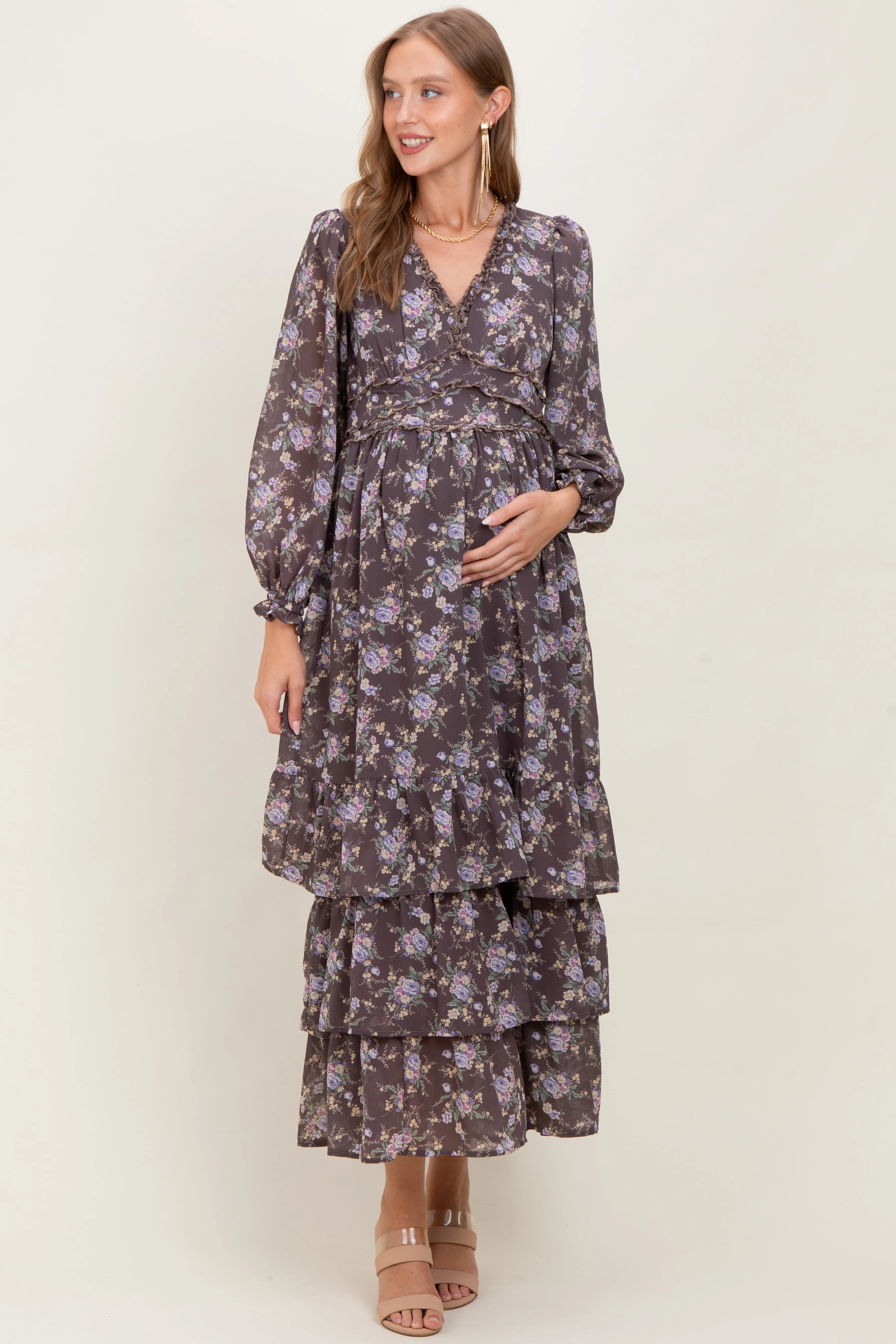 Brown Vintage Floral Ruffle Tiered Hem Maternity Maxi Dress sold by Pinkblush