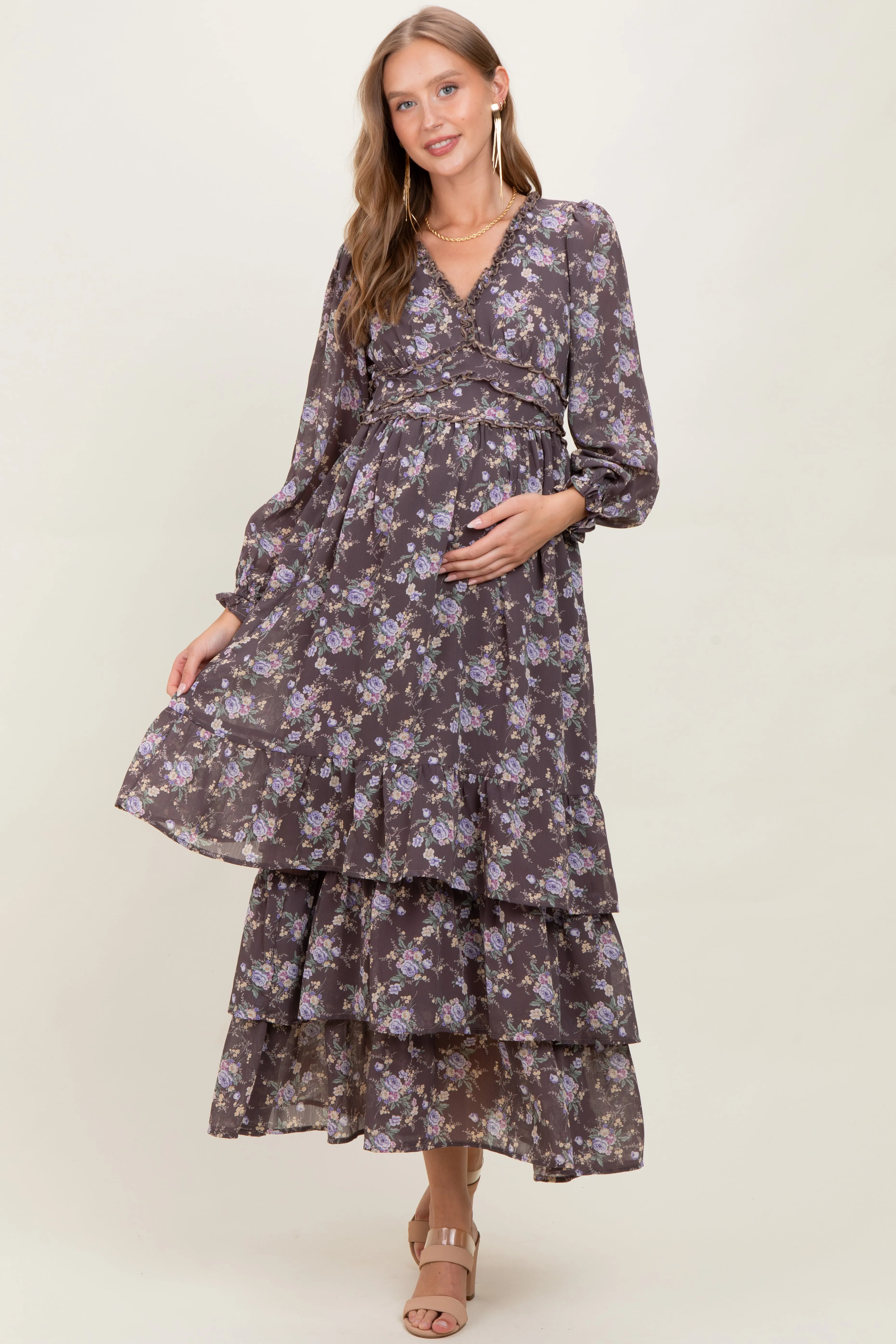 Brown Vintage Floral Ruffle Tiered Hem Maternity Maxi Dress sold by Pinkblush product image thumbnail 2