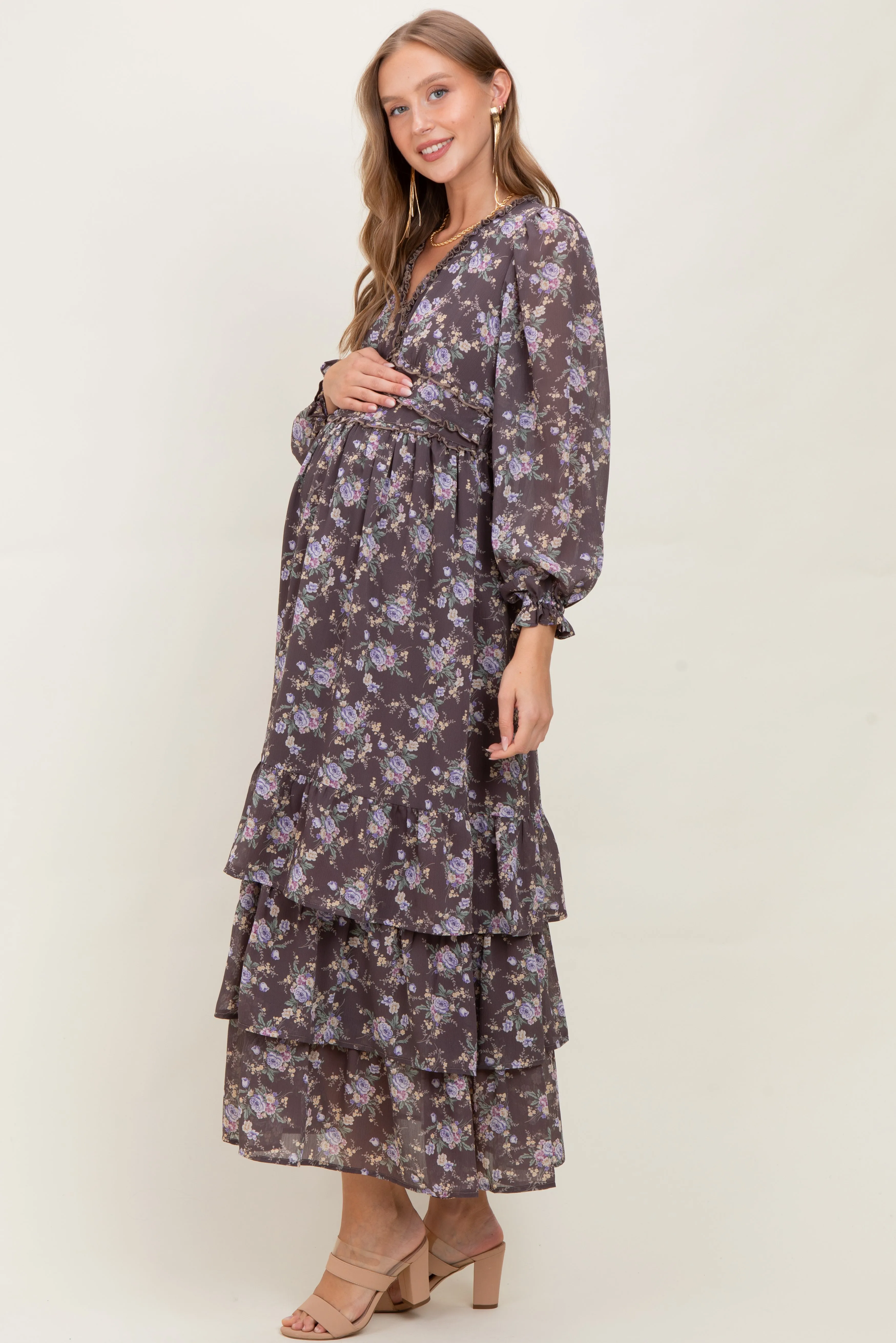 Brown Vintage Floral Ruffle Tiered Hem Maternity Maxi Dress sold by Pinkblush product image thumbnail 3