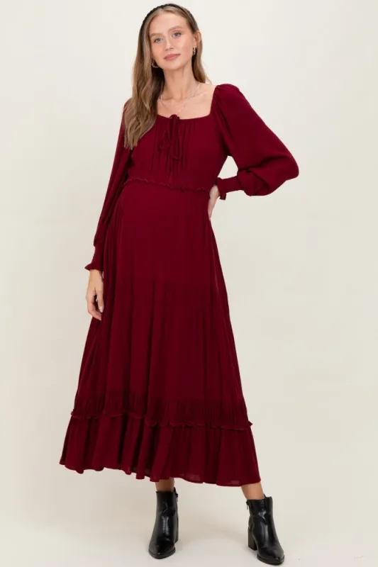 Burgundy Square Neck Long Sleeve Maternity Maxi Dress sold by Pinkblush