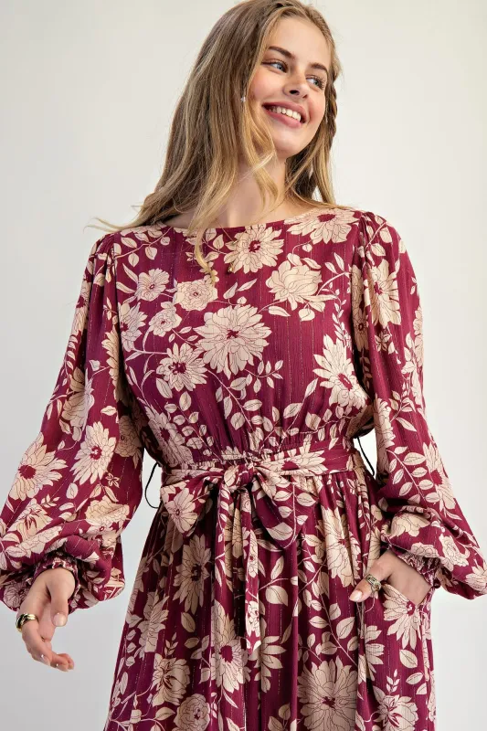 Burgundy Floral Striped Long Sleeve Midi Dress sold by Pinkblush