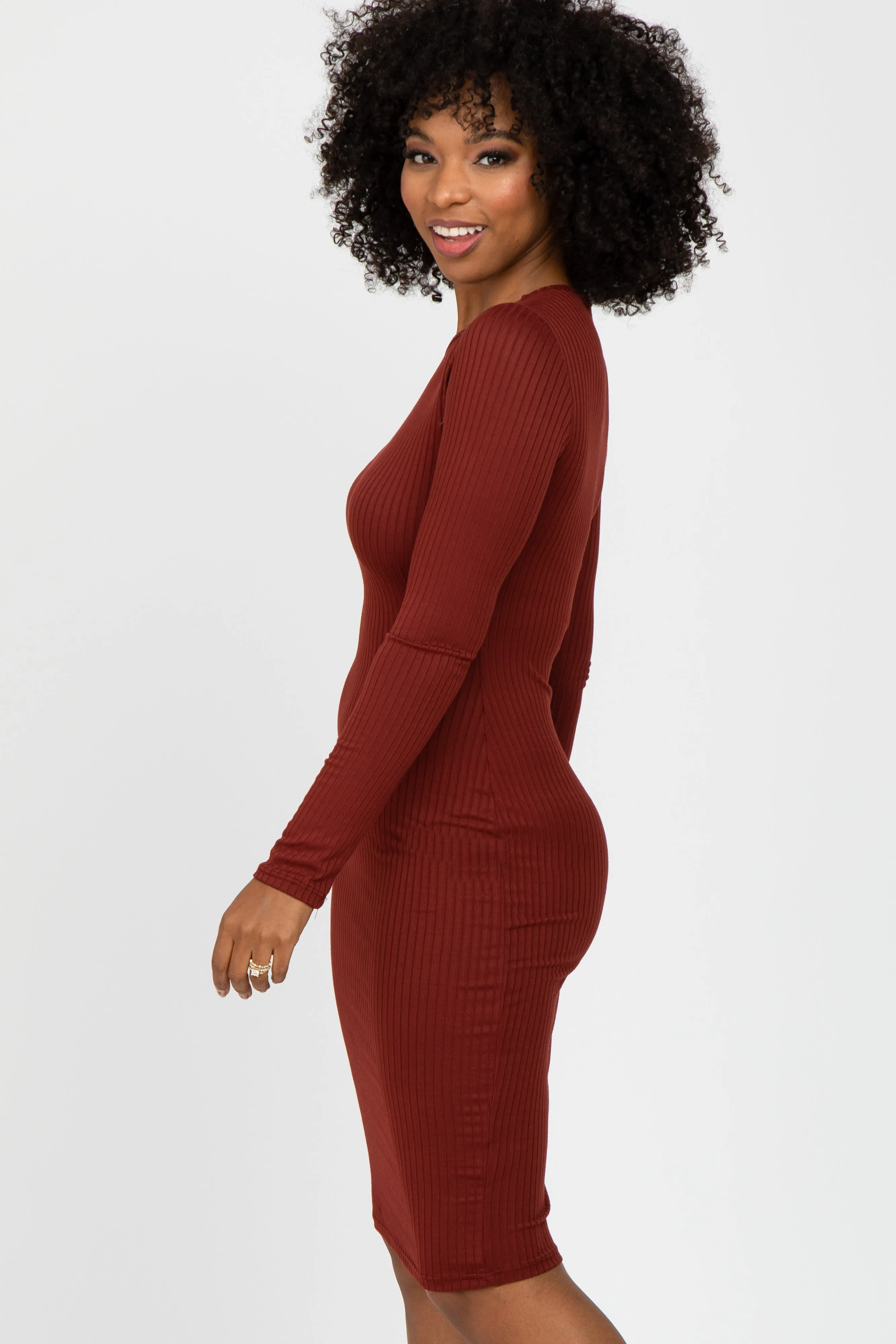 Burgundy Ribbed Fitted Long Sleeve Dress sold by Pinkblush product image thumbnail 3