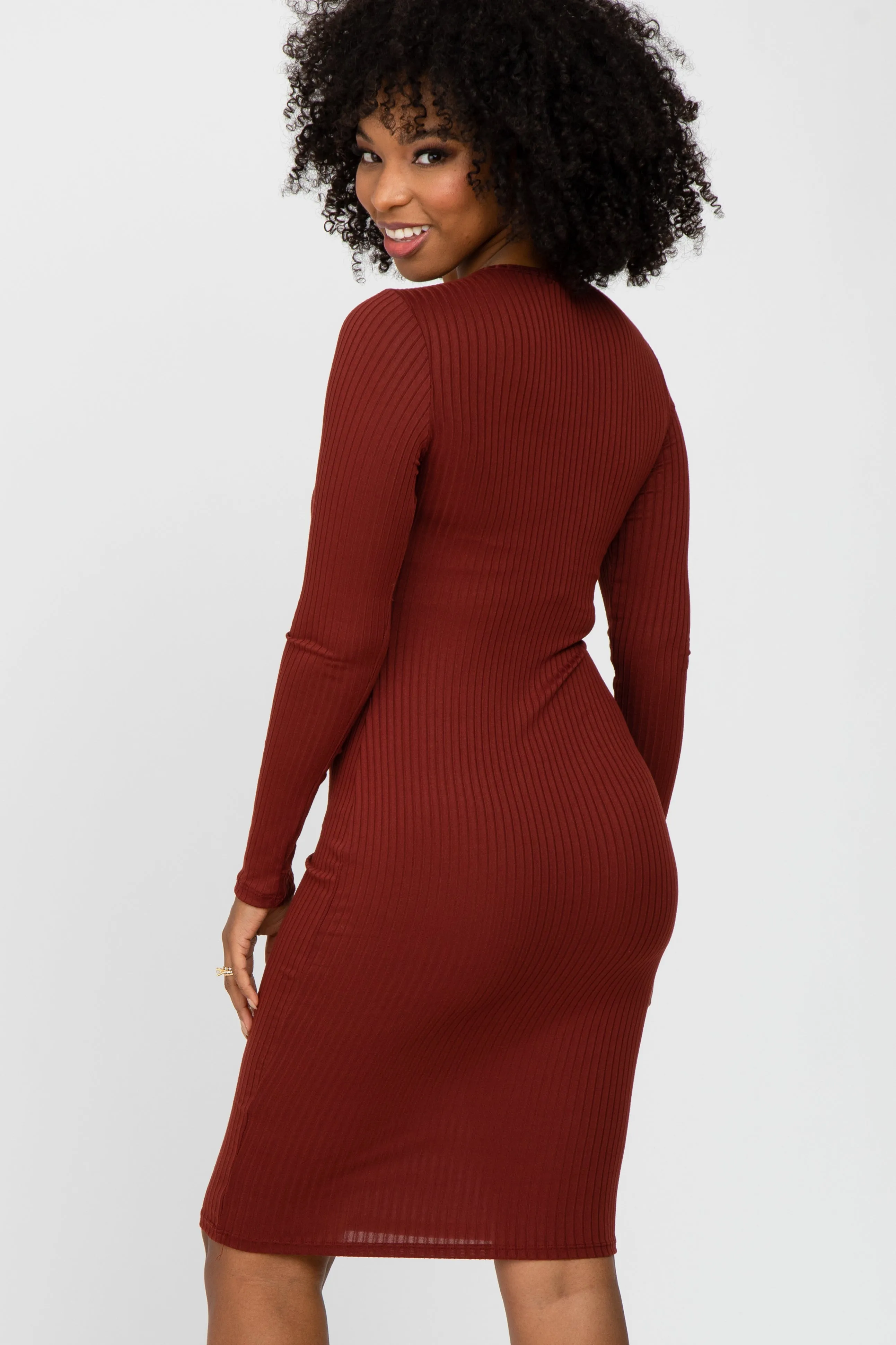 Burgundy Ribbed Fitted Long Sleeve Dress sold by Pinkblush product image thumbnail 4