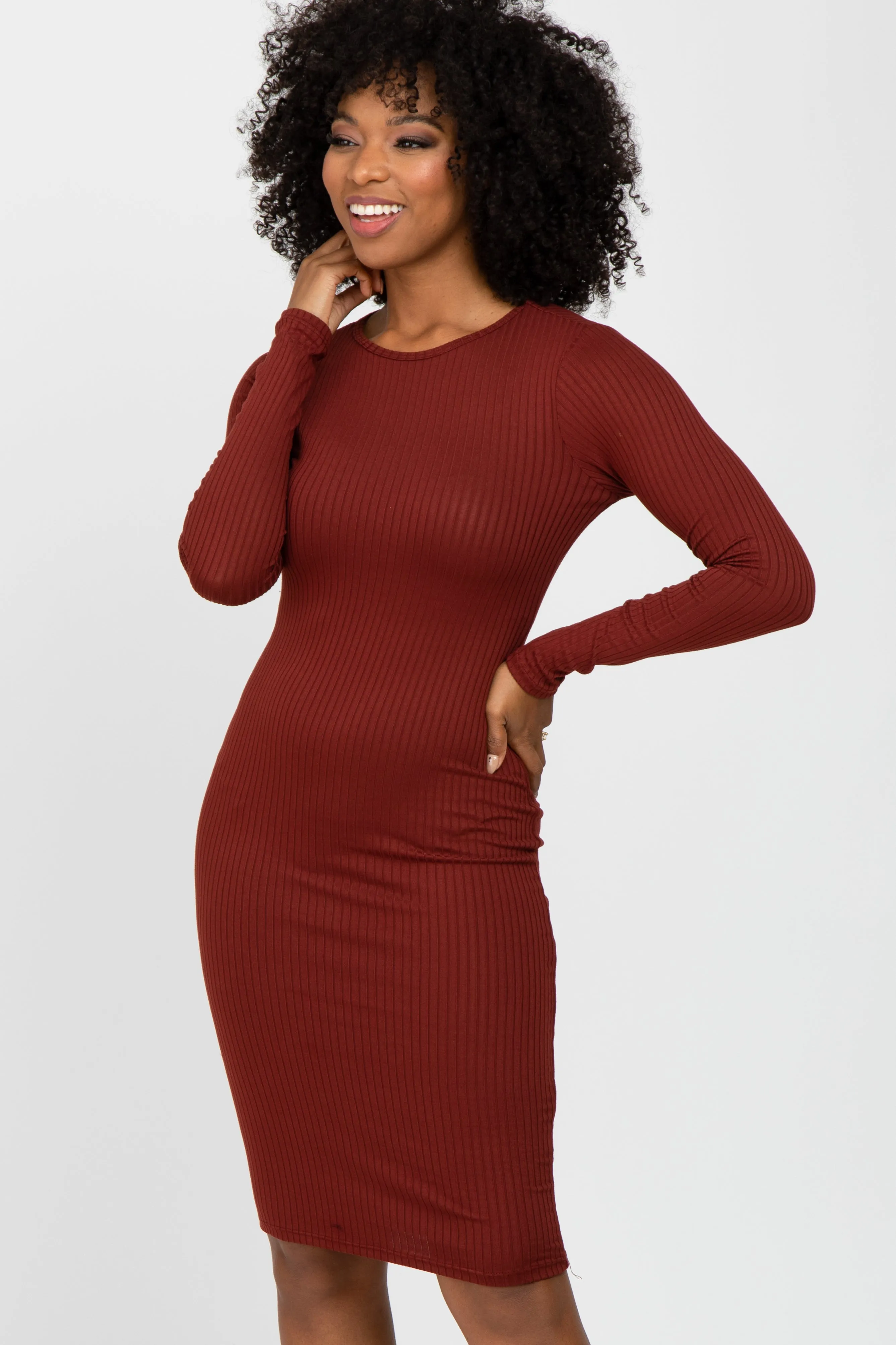 Burgundy Ribbed Fitted Long Sleeve Dress sold by Pinkblush