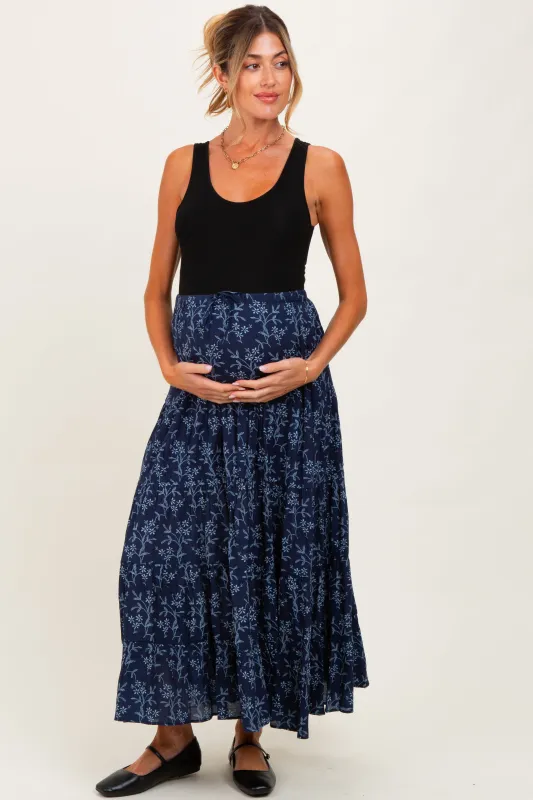 Navy Floral Drawstring Tiered Maternity Maxi Skirt sold by Pinkblush