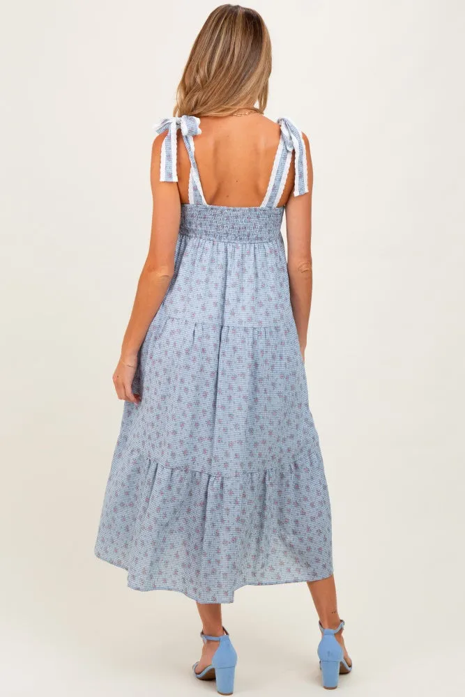 Blue Floral Gingham Shoulder Tie Maternity Midi Dress sold by Pinkblush product image thumbnail 4