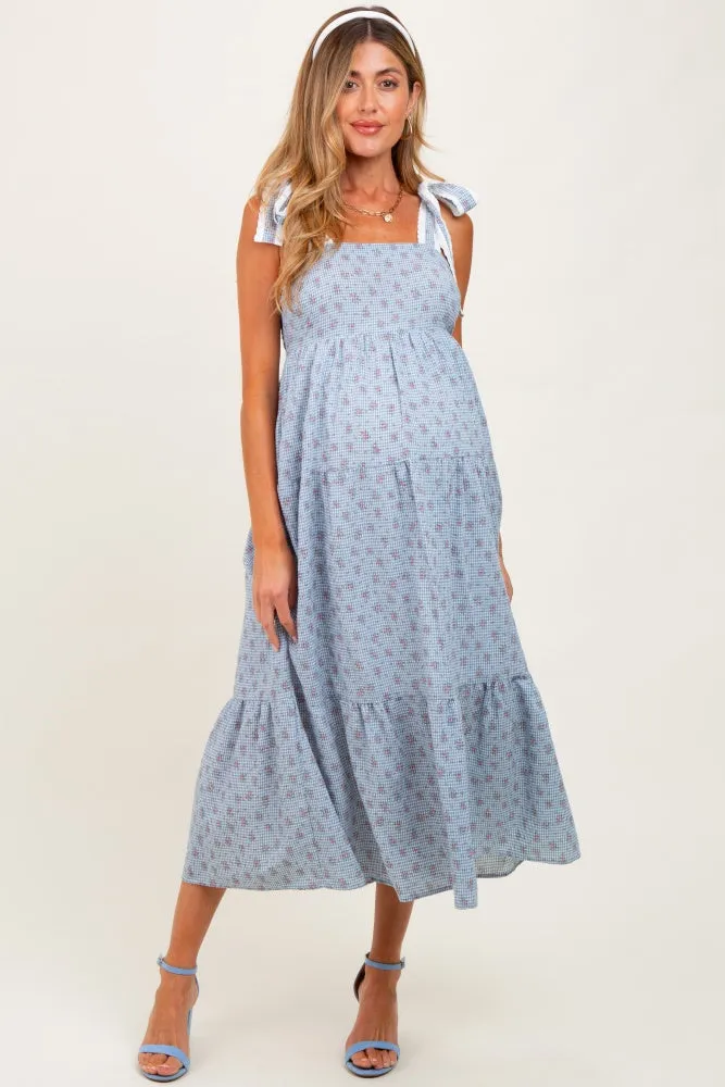 Blue Floral Gingham Shoulder Tie Maternity Midi Dress sold by Pinkblush