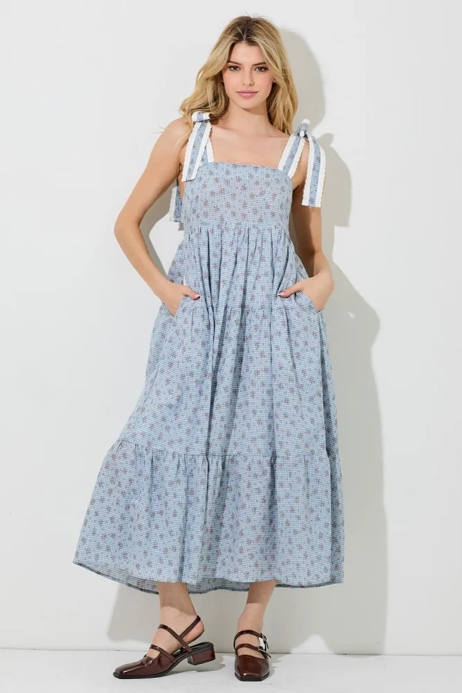 Blue Floral Gingham Shoulder Tie Maternity Midi Dress sold by Pinkblush product image thumbnail 5