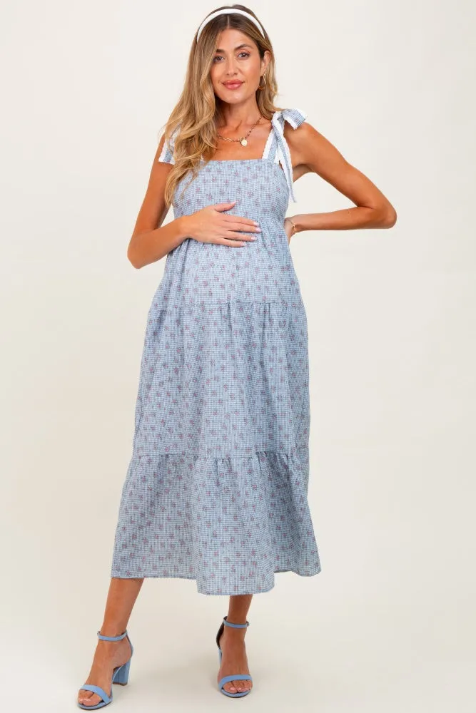Blue Floral Gingham Shoulder Tie Maternity Midi Dress sold by Pinkblush product image thumbnail 2