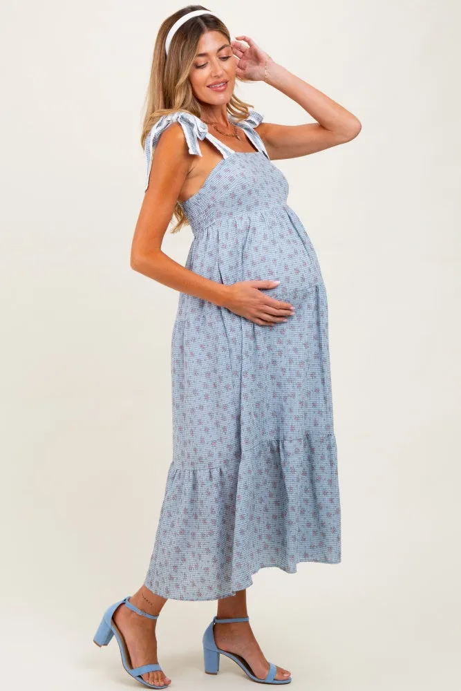 Blue Floral Gingham Shoulder Tie Maternity Midi Dress sold by Pinkblush product image thumbnail 3
