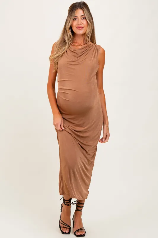 Mocha Draped Neck Sleeveless Maternity Midi Dress sold by Pinkblush