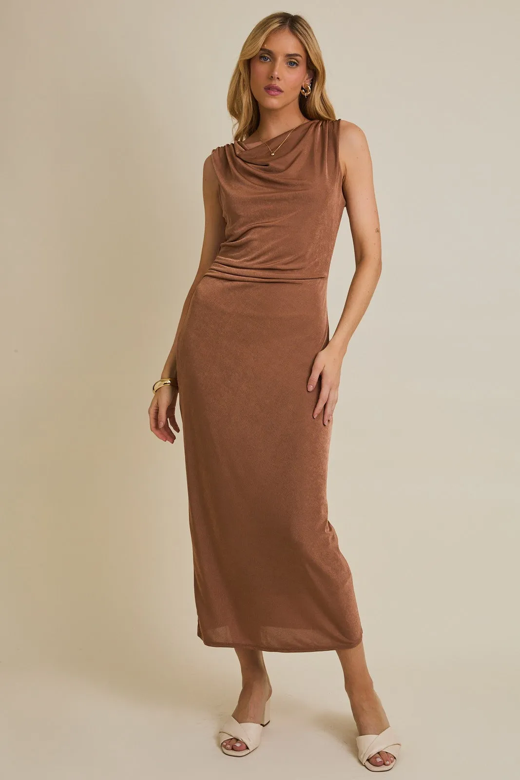 Mocha Draped Neck Sleeveless Maternity Midi Dress sold by Pinkblush product image thumbnail 5