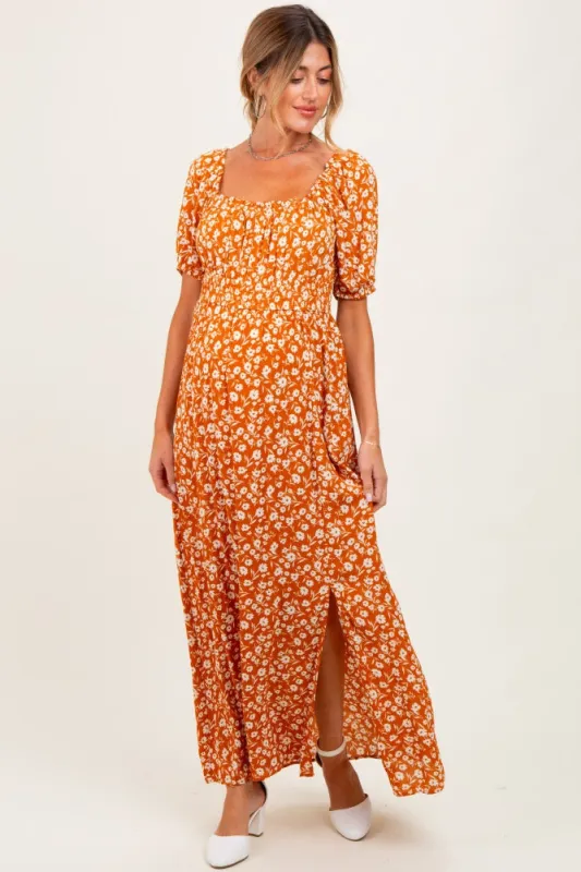 Orange Floral Puff Sleeve Side Slit Maternity Midi Dress sold by Pinkblush