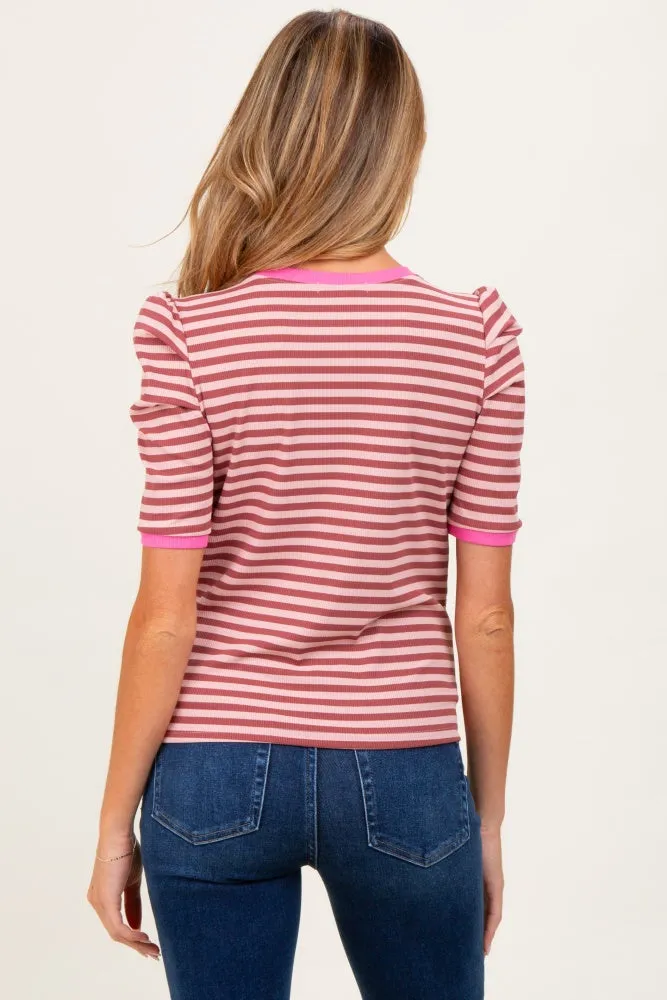 Burgundy Striped Ribbed Puff Sleeve Maternity Top sold by Pinkblush product image thumbnail 4
