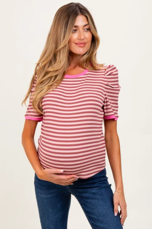 Burgundy Striped Ribbed Puff Sleeve Maternity Top sold by Pinkblush