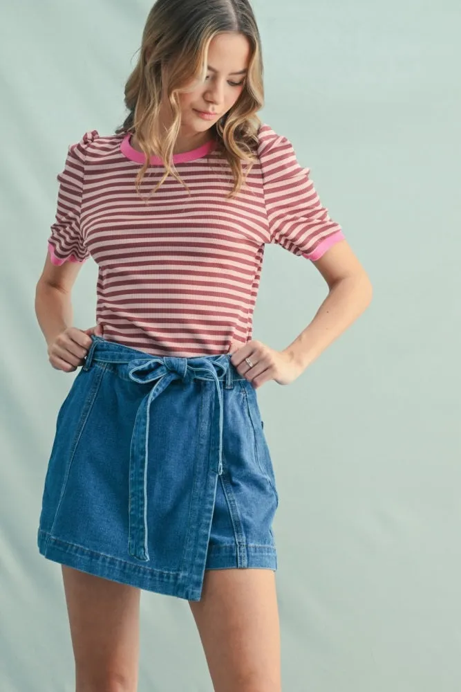 Burgundy Striped Ribbed Puff Sleeve Maternity Top sold by Pinkblush product image thumbnail 5